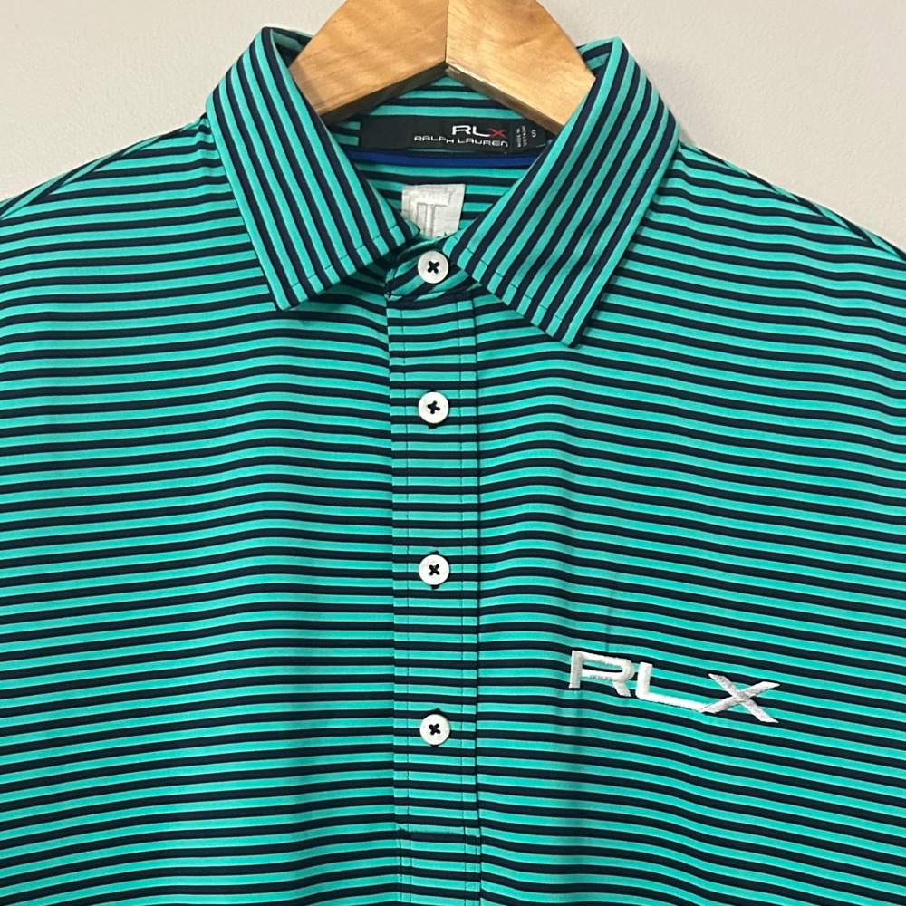 RLX Ralph Lauren Polo Shirt Mens Small Teal Navy Striped Performance Golf